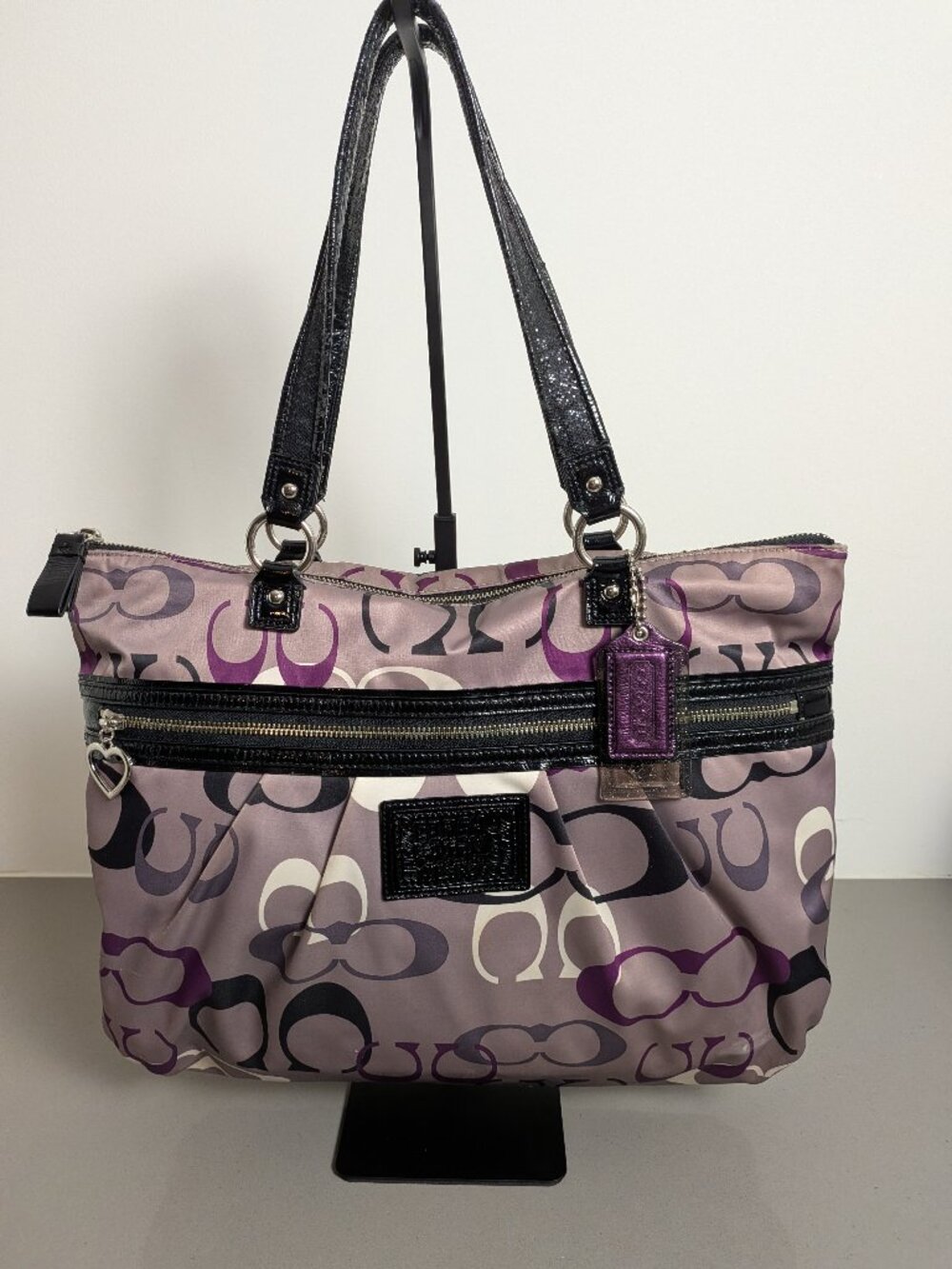 COACH Bag Satin and Leather Optic Print Multi Tote Purple Black